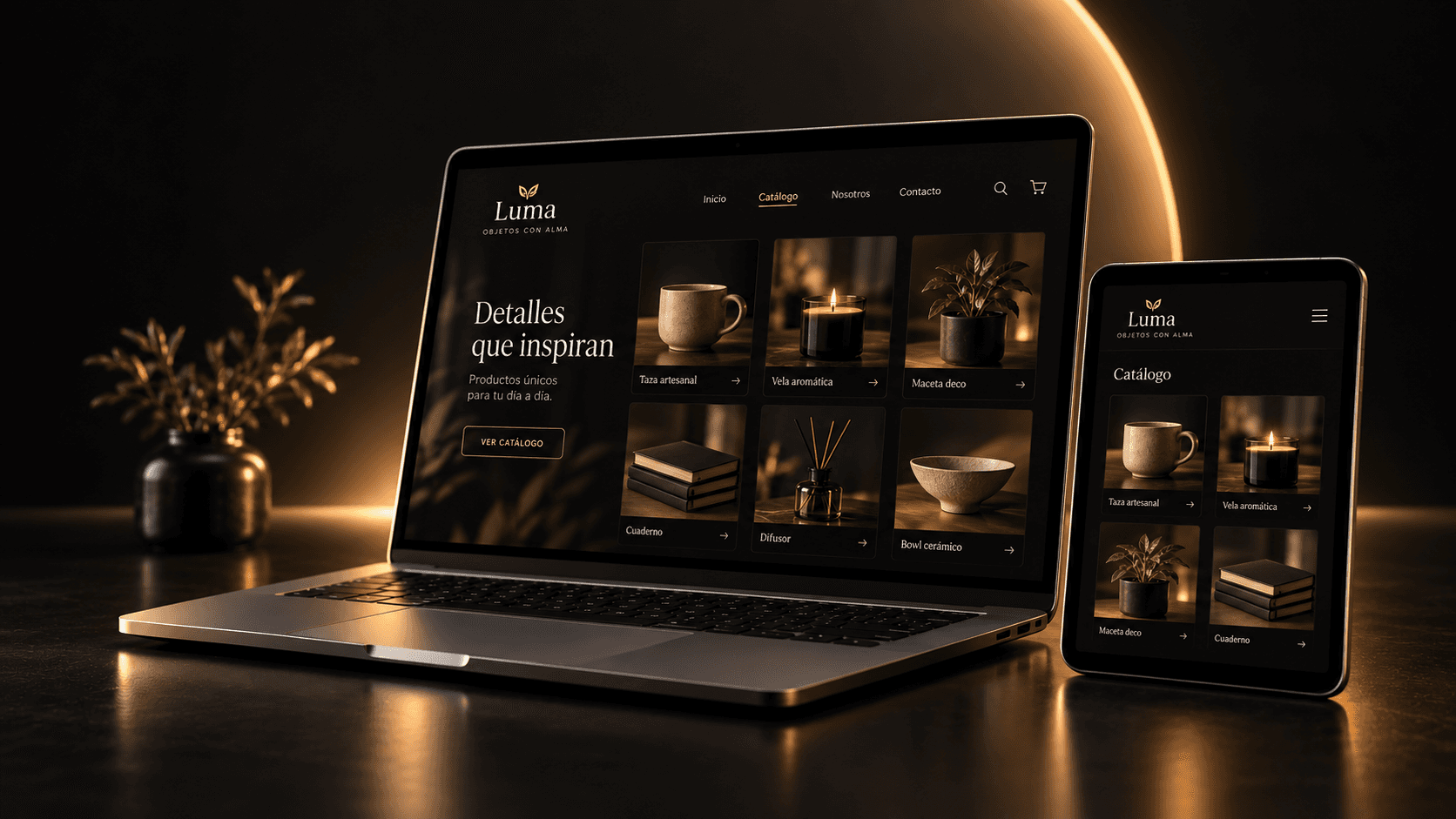 Catálogo digital de productos mostrado en portátil y teléfono
