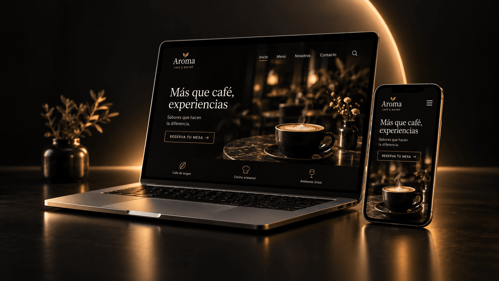 Landing page de una oferta mostrada en portátil y teléfono